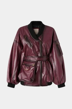 New Giacca di Pelle Bordeaux Donna Giacche E Capispalla