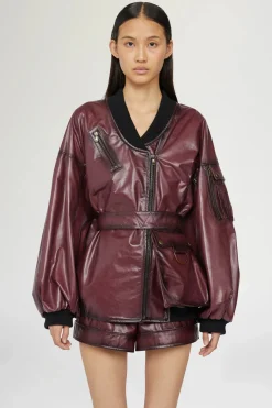 New Giacca di Pelle Bordeaux Donna Giacche E Capispalla